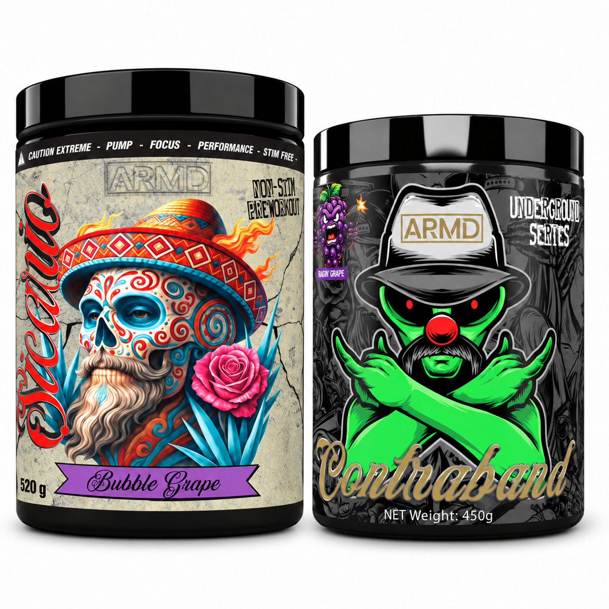 Full Send Value Pack — Sicario Bubble Grape 520g and Contraband Ragin Grape 450g side by side on white, with Sicario slightly larger. Choose your preferred flavours.