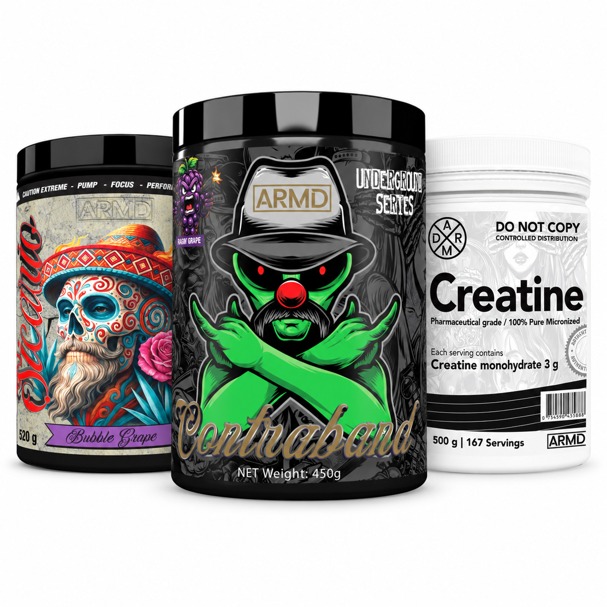 Ultimate Pre-Workout Stack — ARMD Contraband 450g, Sicario 520g and Creatine 500g on a white background. Example flavours: Ragin Grape and Bubble Grape.